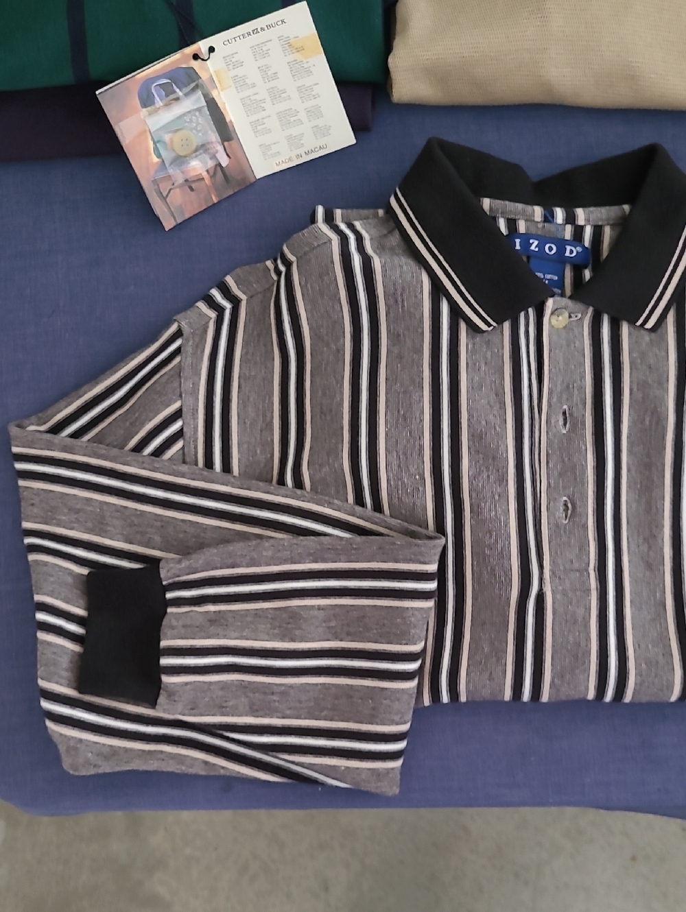 Izod Men's Black and Tan Striped Long-Sleeve Polo